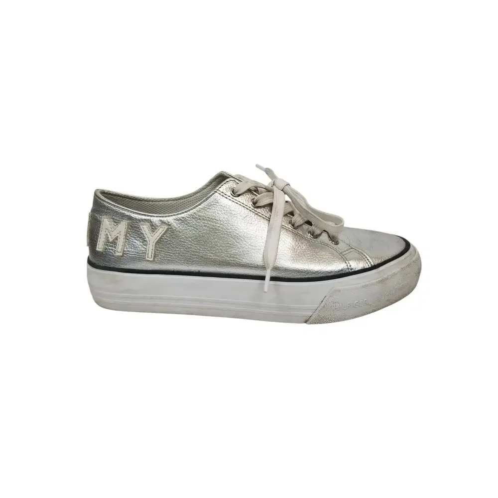 Tommy Hilfiger Helien Metallic Silver White Leather Lace Up Sneakers Women's 9.5